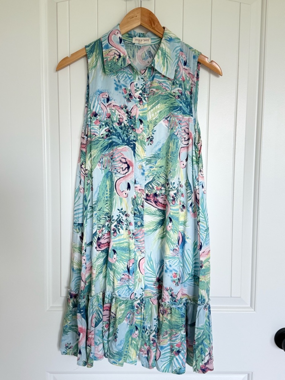 Song n Spirit Flamingo Tropical Shirt Dress S Blue Green Button Up Tiered Ruffle